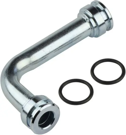 Verchromtes Verbindungsrohr mit zwei Anschlüssen und zwei schwarzen O-Ringen, geeignet für Anwendungen von Bosch.